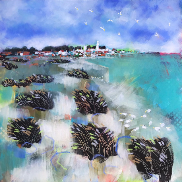 A vibrant painting depicting a coastal scene with multiple umbrellas on a beach, seaside town in the background, and a blue sky with clouds.