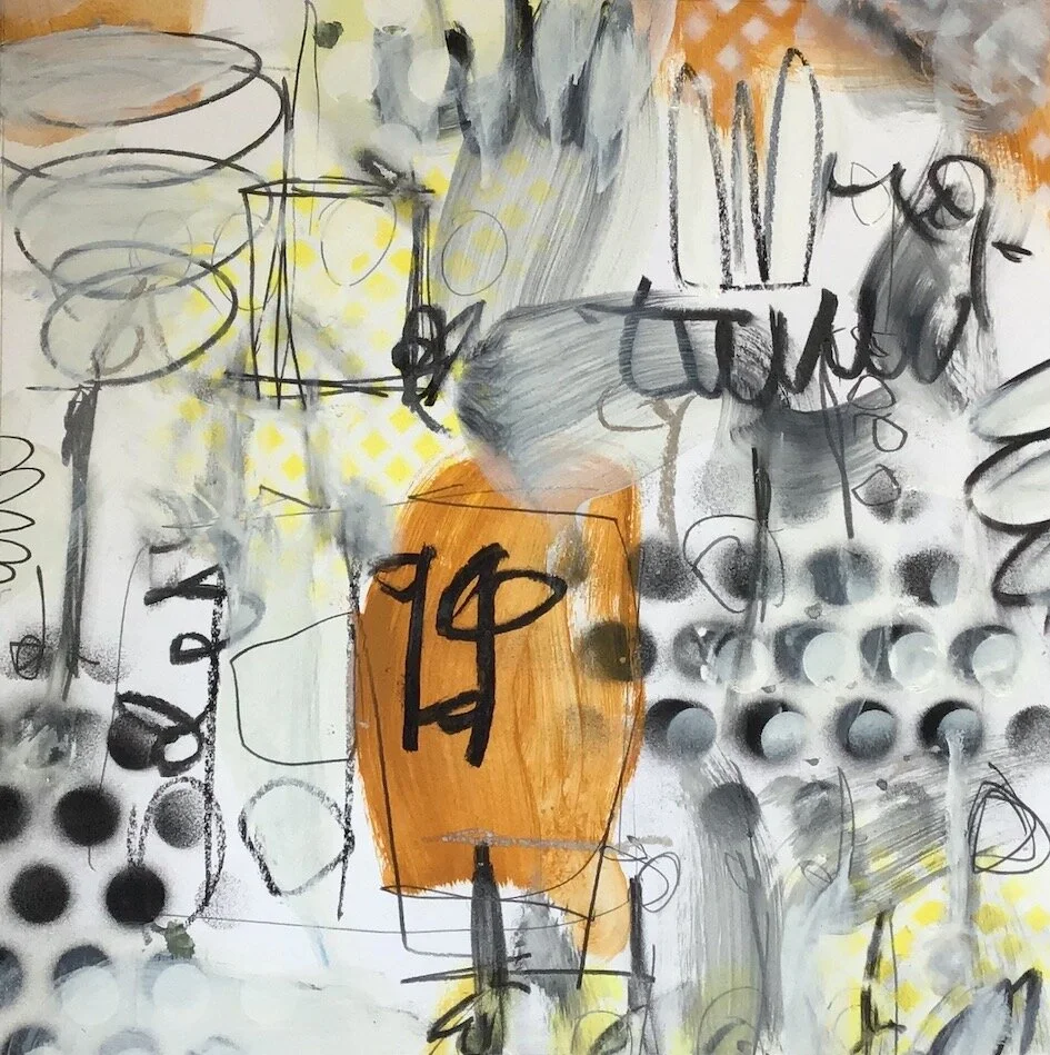 Abstract artwork featuring black, gray, yellow, and orange brushstrokes, scribbles, and circular patterns.