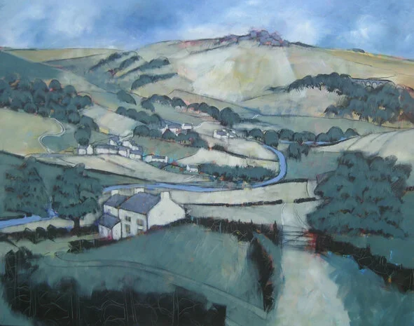 A landscape painting of rolling green hills, a winding road, houses, trees, and a river flowing through the valley.