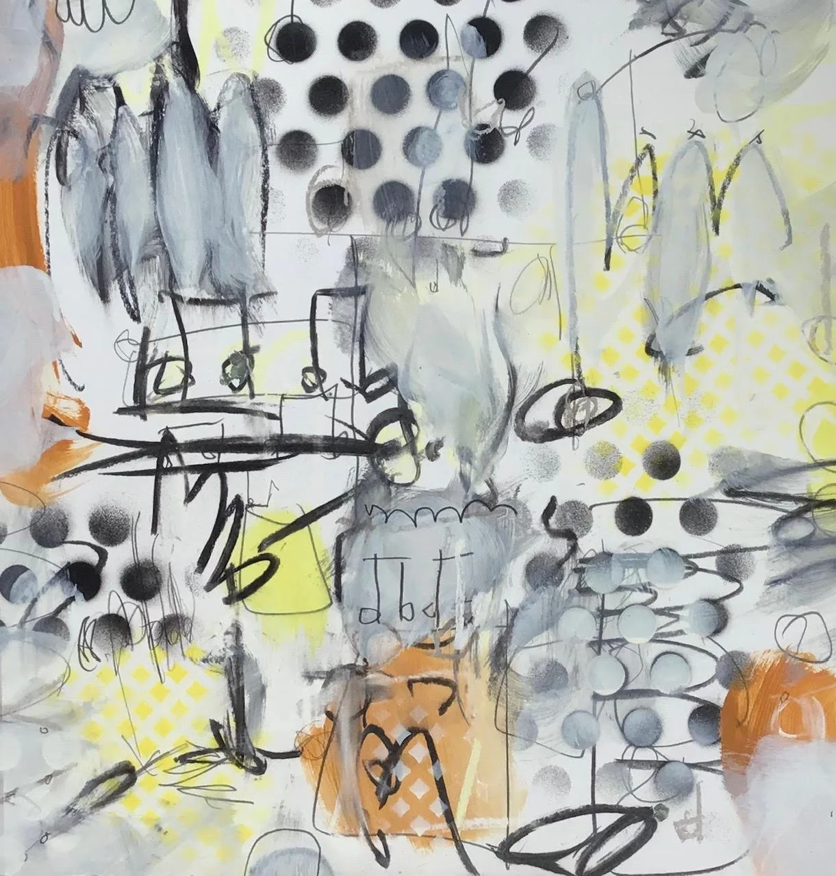 Abstract art with black, gray, and orange brushstrokes, polka dots, and scribbles.