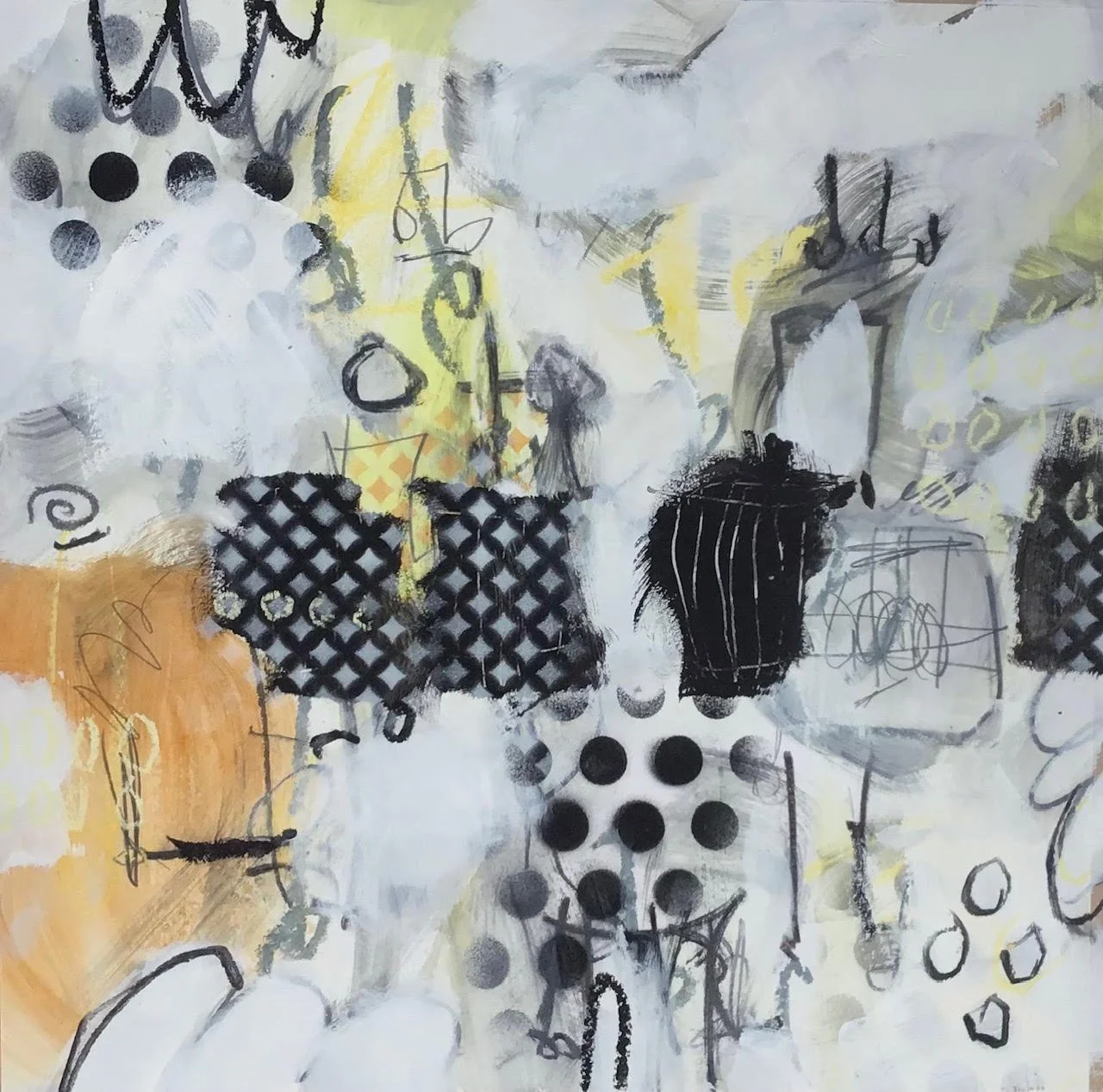 Abstract artwork with black, gray, yellow, and white paint, spray paint, and scribbles, including dots, lines, and patterns.