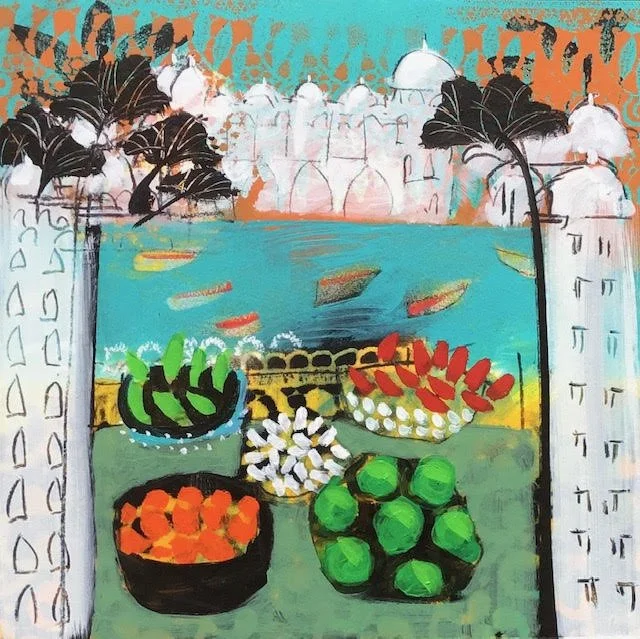 Colorful painting of a marketplace with various fresh produce bowls, a body of water, and architectural domes in the background.