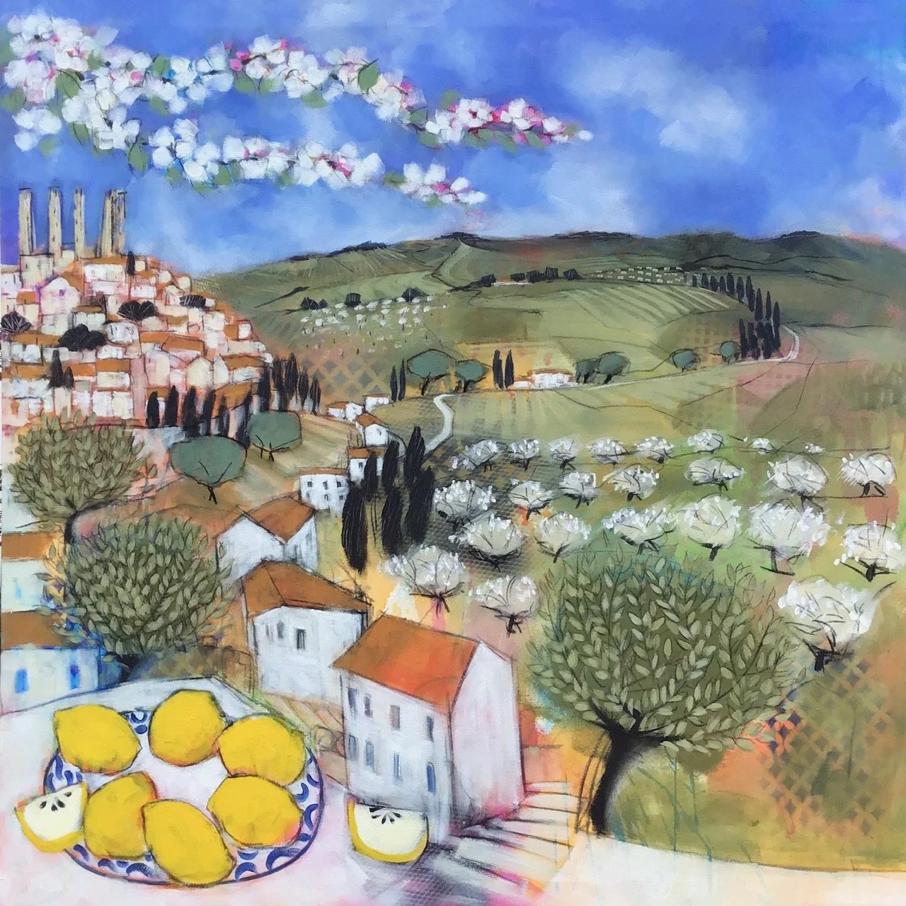 A colorful painting of a countryside scene with rolling hills, trees, houses with orange roofs, and a cluster of lemons in a blue and white dish in the foreground.