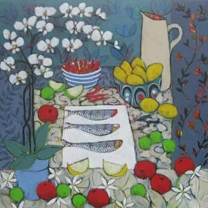 Still life painting featuring a blue pitcher with yellow fruit, a cloth with fish pattern, sliced lemons, apples, limes, and cherries, surrounded by branches with white blossoms and decorative elements.