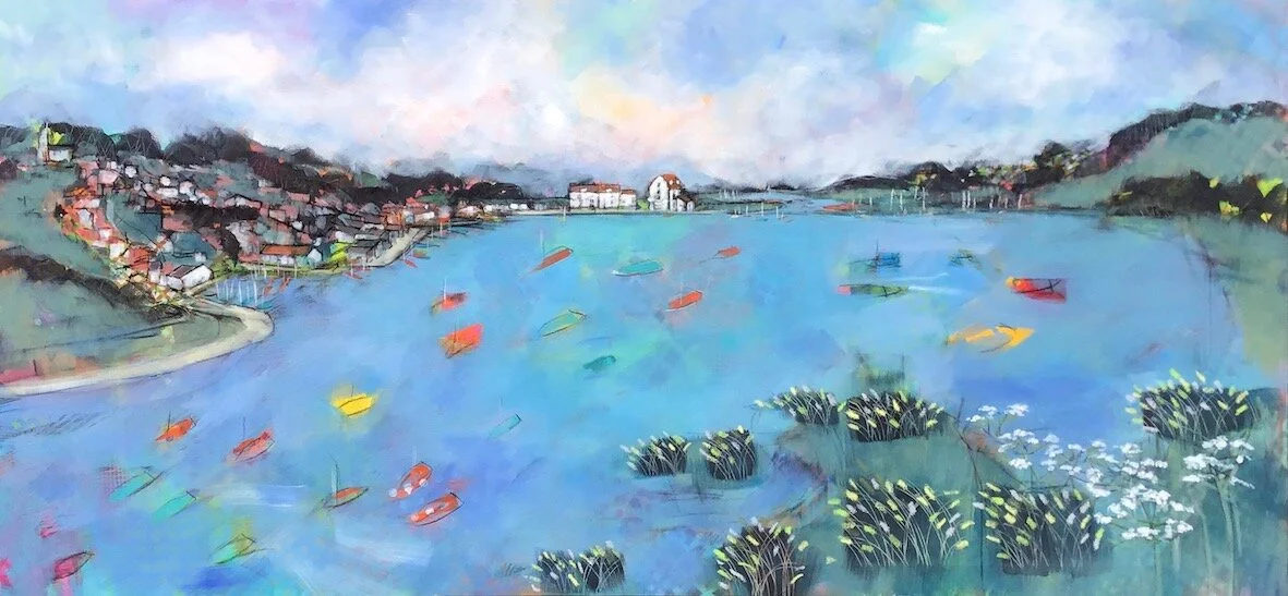 A colorful painting of a harbor with boats, houses along the shoreline, and hills in the background.