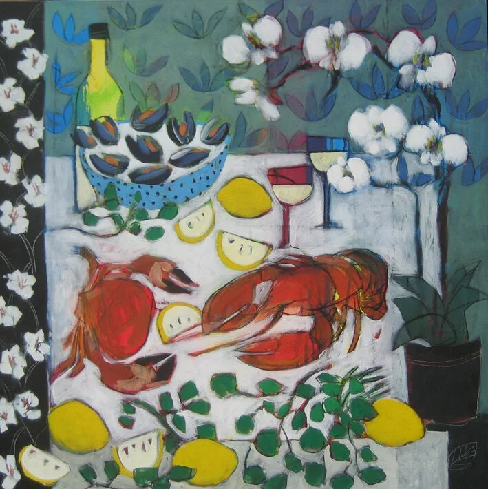 A colorful painting of a table set with a roasted lobster, lemon slices, a bowl of mussels, wine glasses, a bottle of white wine, and a potted orchid plant, with floral and leafy background.