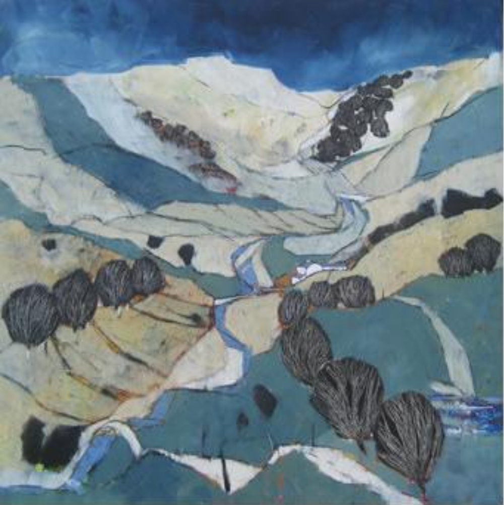 Abstract landscape painting of rolling hills, a winding river, and trees with dark foliage, using muted colors and bold lines.