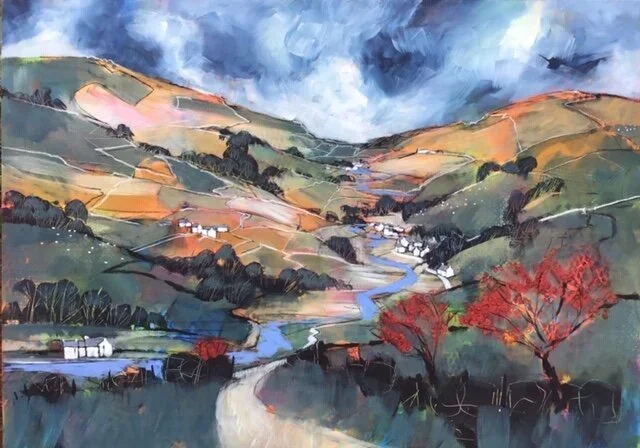 A colorful landscape painting of rolling hills, a winding river, and a small village with trees in autumn colors under a cloudy sky.