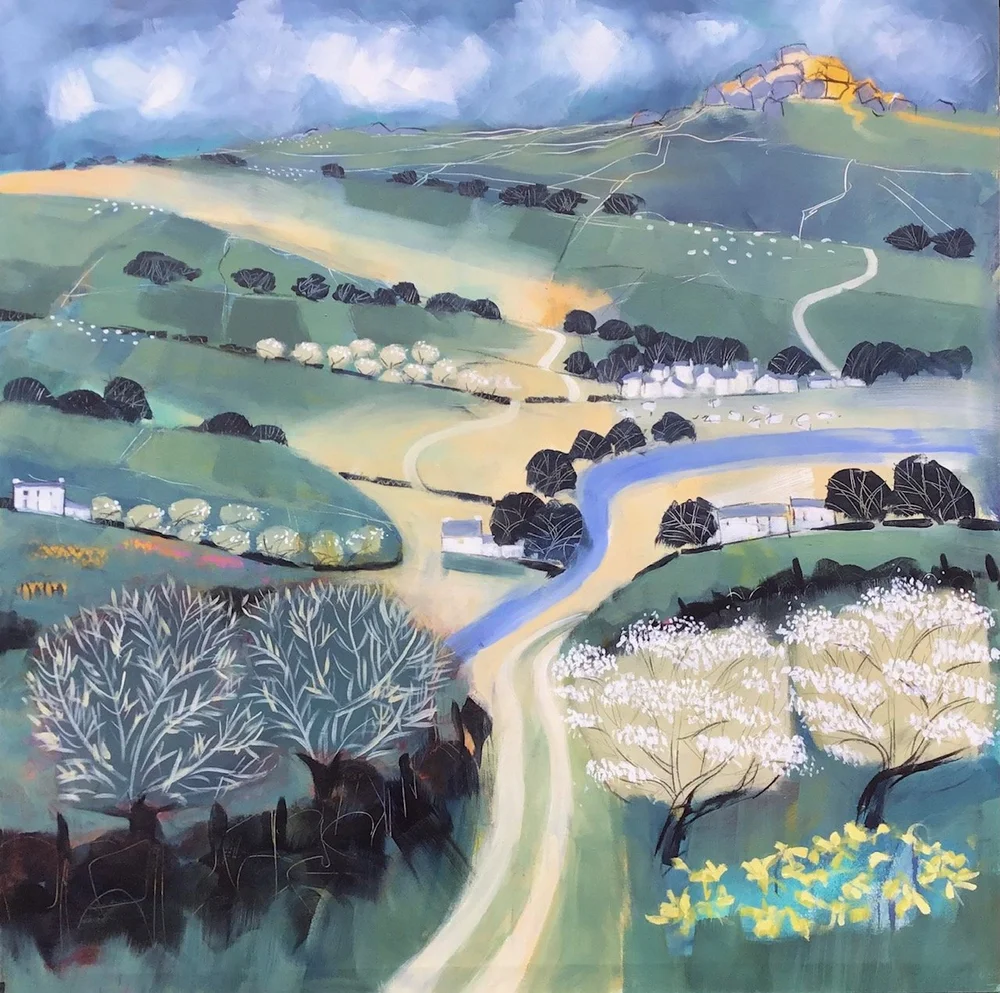 A colorful landscape painting of a hilly countryside with winding roads, trees, a river, and houses under a cloudy sky.