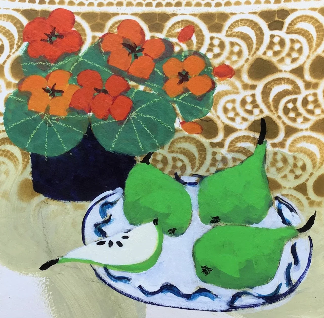 A still life painting of a vase with red and orange flowers and broad green leaves, placed on a table with a patterned golden background. In front, there is a white plate with green pears and a sliced pear showing black seeds.