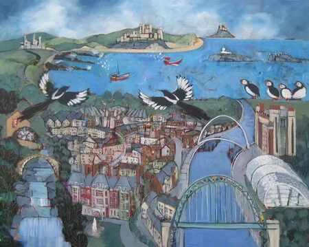 A colorful watercolor painting depicting a cityscape with a bridge, a castle in the distance, seabirds flying over water with boats, and a roller coaster.