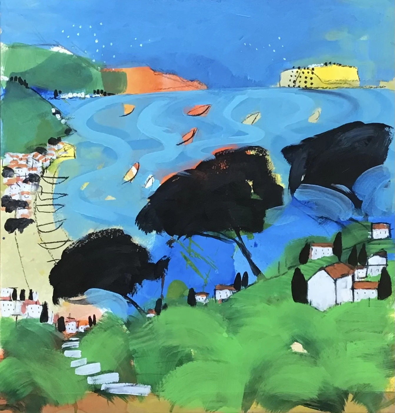 Vivid painting of a coastal village with houses on green hills, a winding path, large black trees, a body of water with boats, and a distant yellow building with a dotted pattern under a blue sky.