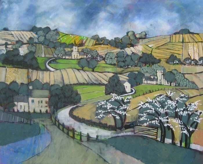 A colorful painting of a hilly countryside with winding roads, trees with white blossoms, and scattered houses. The sky is partly cloudy with shades of blue and white.