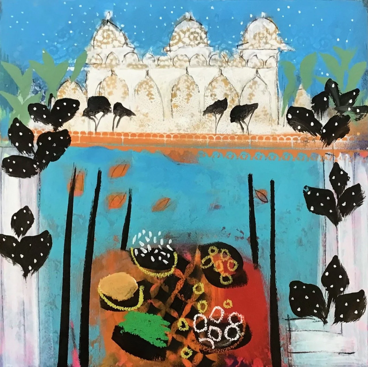 Colorful abstract painting of a garden scene with a building in the background, black and white butterflies, tall green plants, and a multicolored butterfly at the center.