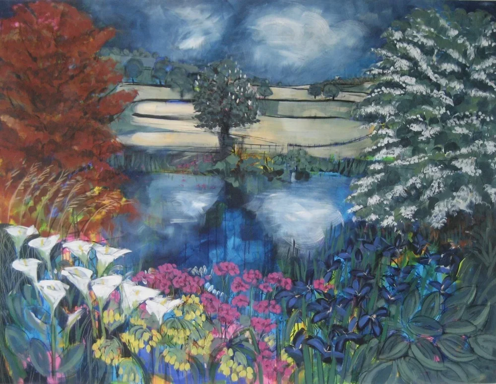 A colorful painting of a tranquil landscape featuring a lake surrounded by autumn trees, with red, white, pink, and blue flowers along the water's edge, and a cloudy sky in the background.