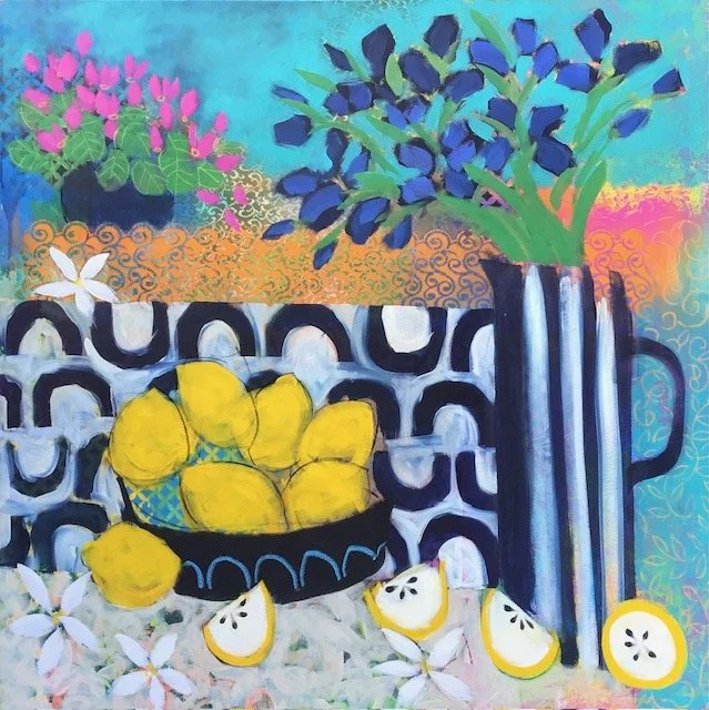 Colorful painting of a still life with a black and white patterned teapot filled with yellow lemons, white flowers, and green plants in a striped pitcher against a vibrant background.