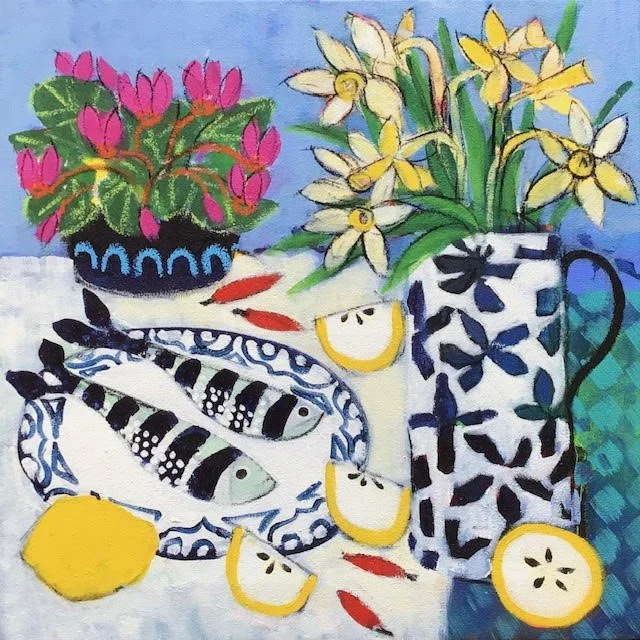 A still life painting featuring two potted flowering plants, one with pink blooms in a blue and black pot, and the other with yellow and white flowers in a white geometric-patterned vase. There are three fish, a lemon, a lemon slice, and several red chili peppers on a patterned blue and white plate, all set on a white surface with a blue background.