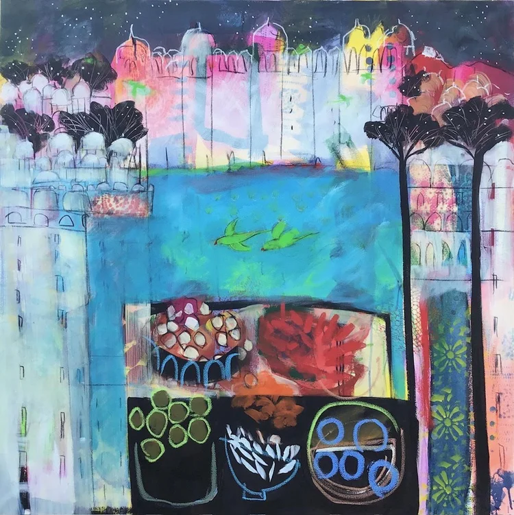 Abstract colorful painting of a cityscape with a body of water in the foreground, featuring two green ducks, trees, and various buildings painted in bright colors.