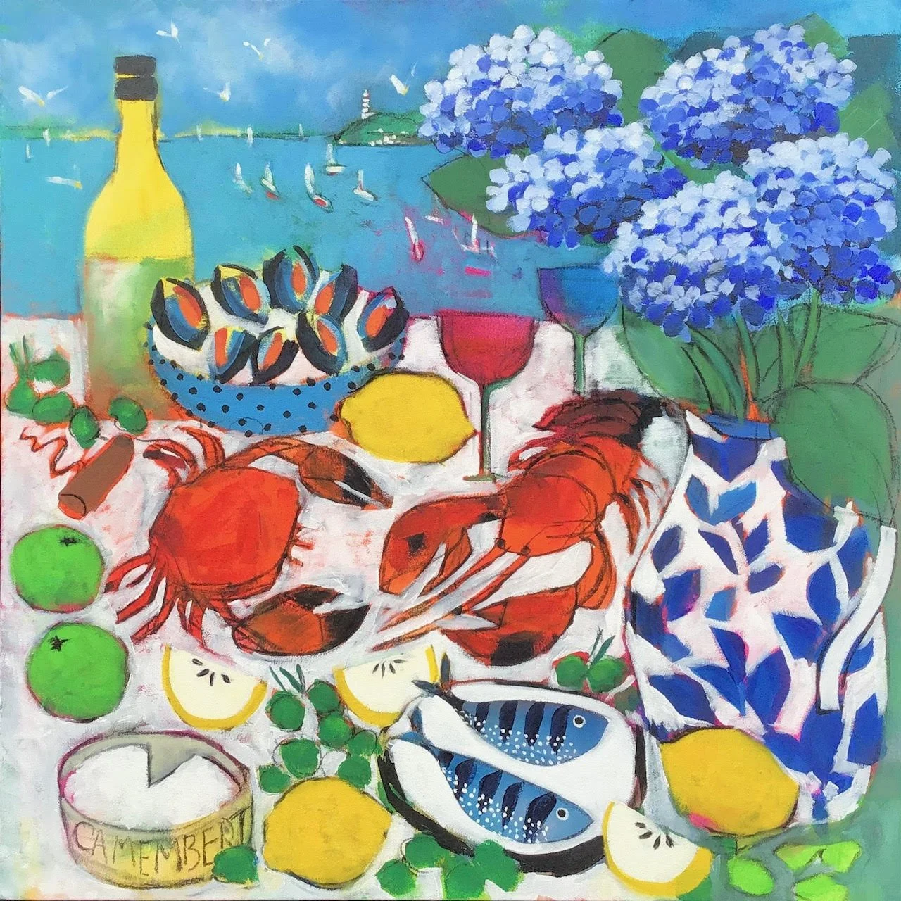 Colorful painting of a maritime scene with seafood, lemons, wine glasses, a bottle, a pomegranate, seafood including lobsters and fish, and a backdrop of water and sailboats with hydrangea flowers.