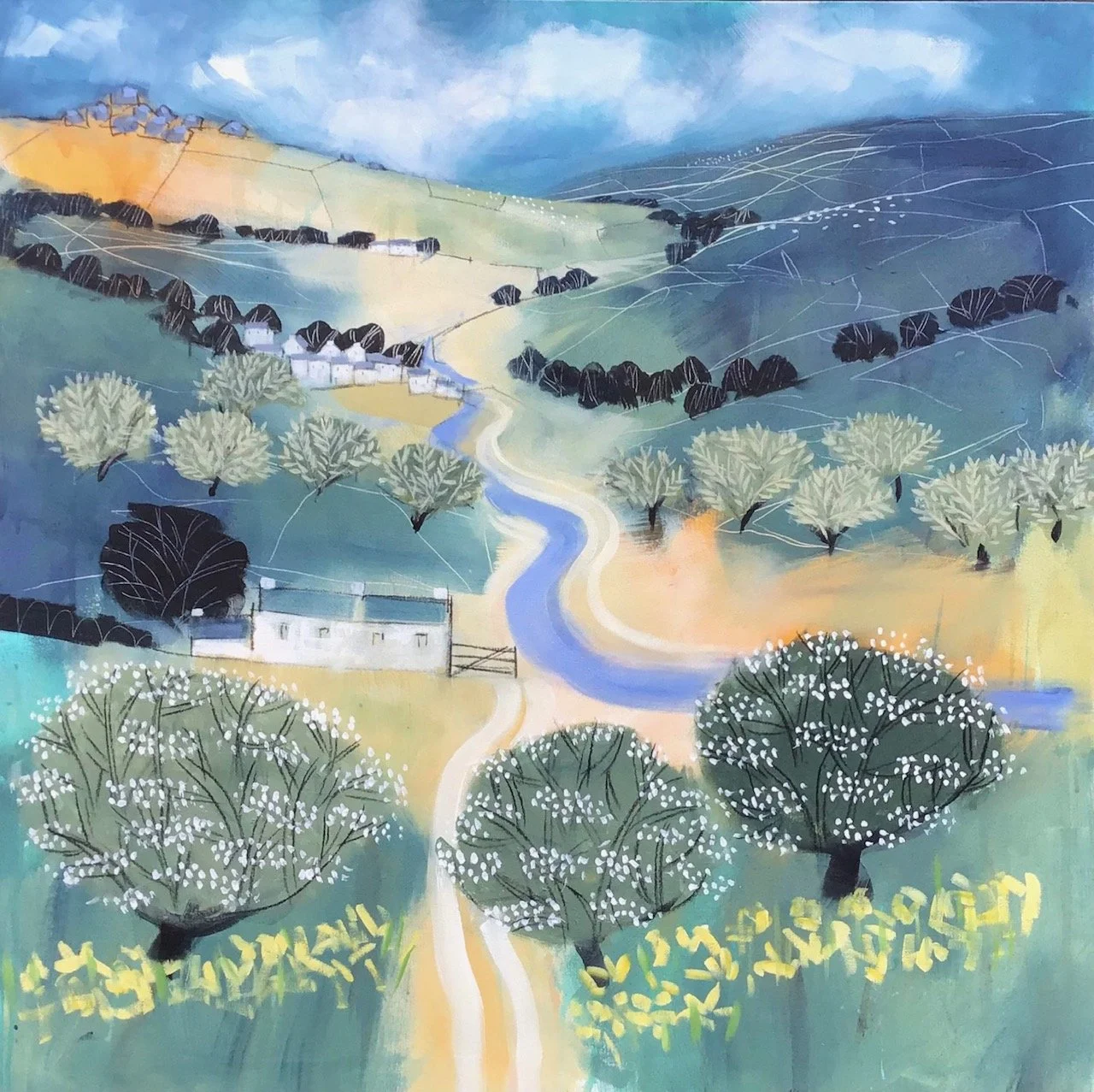 A colorful painting of a rural landscape with a winding river, trees, hills, and small houses.