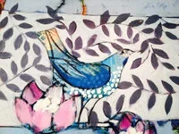 A watercolor painting of a blue bird perched on pink flowers amidst purple leaves.