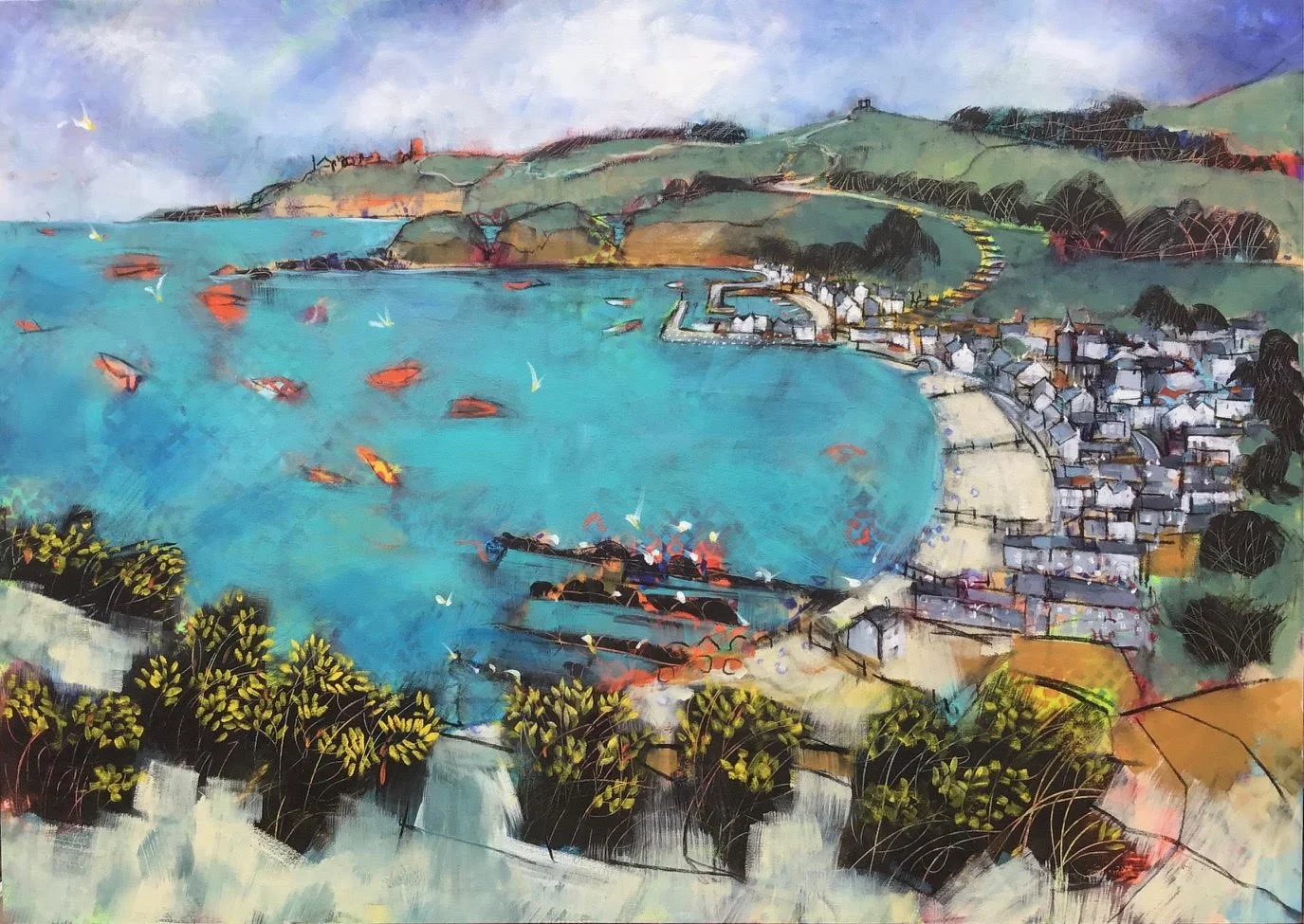 Colorful painting of a coastal village with blue water, boats, houses, and green hills in the background.