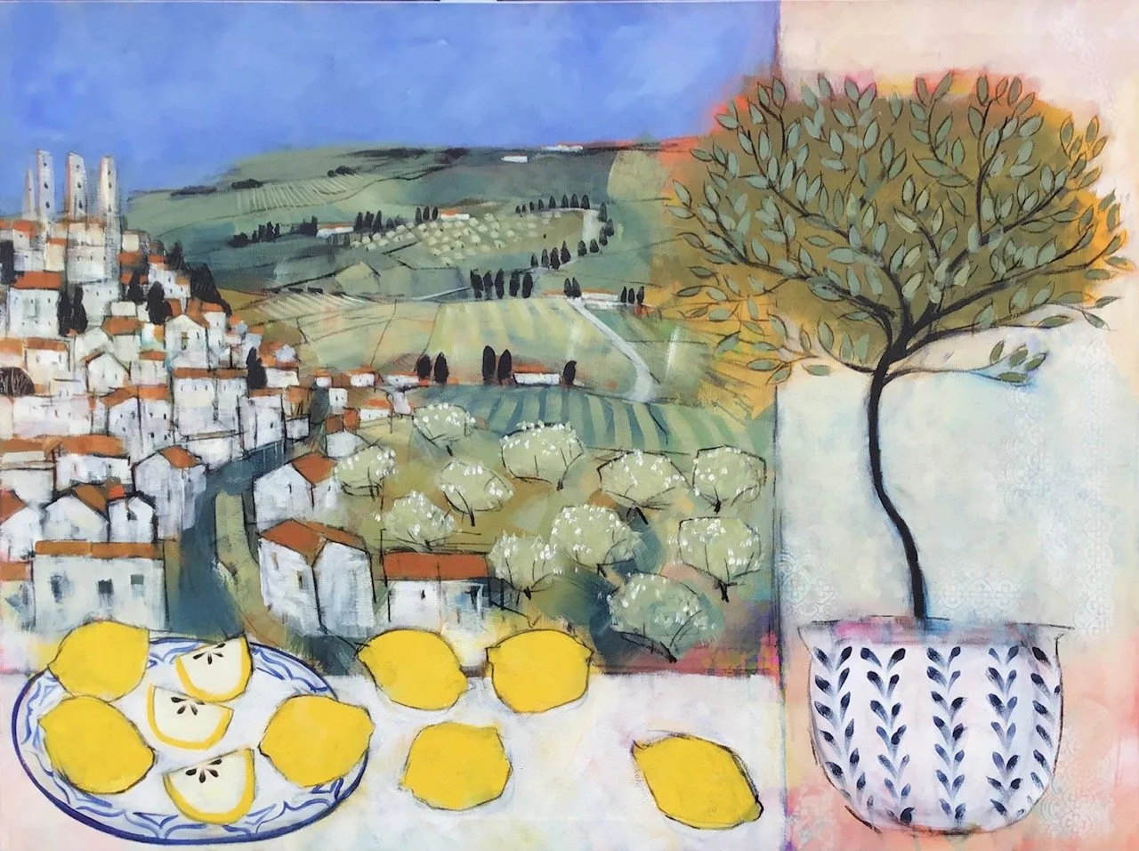 A painting of a scenic landscape with rolling green hills, a small town with white buildings and red roofs, and rows of trees. In the foreground, there are lemons on a plate and slices of lemon. On the right side, there is a potted tree with green leaves in a decorative black and white pot.