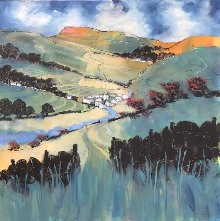 Painted landscape of rolling hills, a winding river, trees, and a small village in the valley under a cloudy sky.