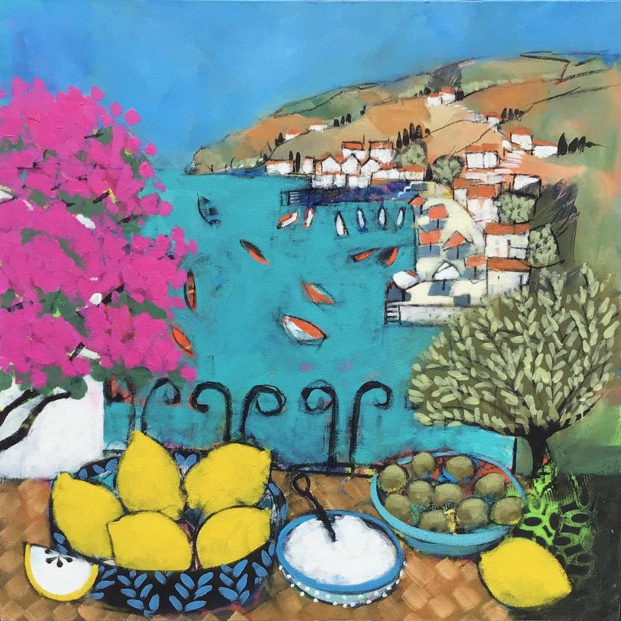 Colorful painting of a lakeside scene with boats, houses on a hillside, and blooming trees, with lemons, a bowl of olives, and a bowl of sugar on a table in the foreground.