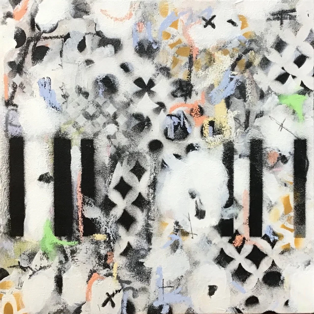 Abstract painting with black vertical lines, black crosses, and various colorful splashes and shapes on a predominantly white background.