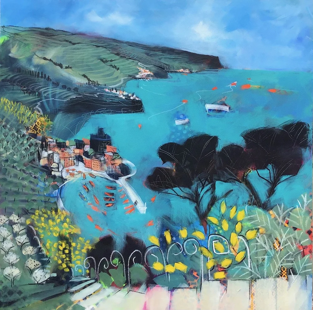 A colorful painting of a coastal town with boats on the water, green hills, trees, and a road winding through the landscape.