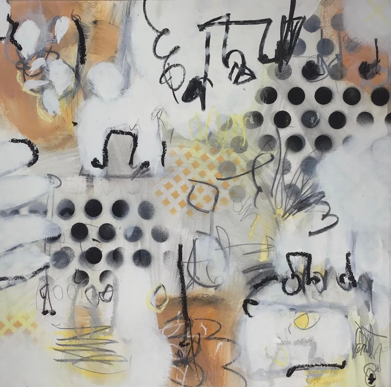 Abstract mixed media artwork featuring black ink scribbles, dots, and shapes on a background with shades of beige, white, yellow, and gray.