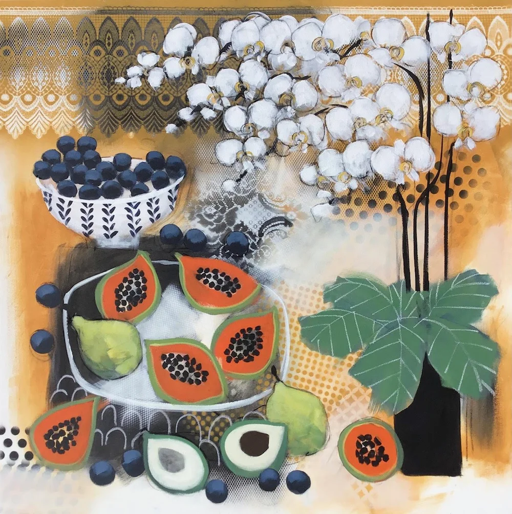 Still life painting of white cotton flowers, a bowl of blueberries, sliced papayas, two peeled guavas, and a potted plant with large green leaves on a patterned background.