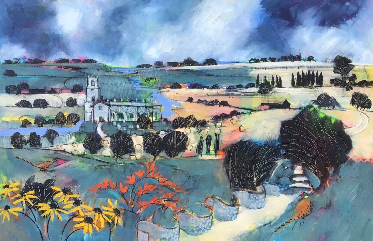 A colorful abstract landscape painting featuring rolling hills, trees, a church, and a winding road under a cloudy sky.