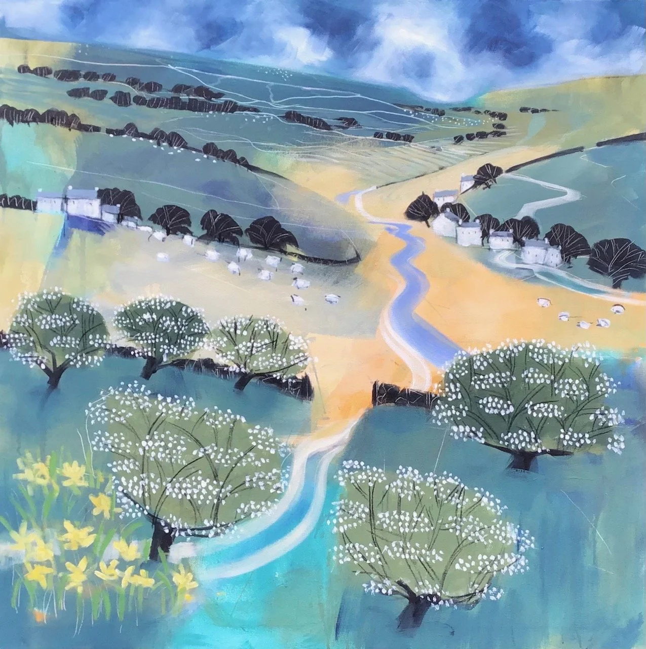 A colorful landscape painting of rolling hills, a winding river, trees with white blossoms, and small white houses, with a bright sky above.
