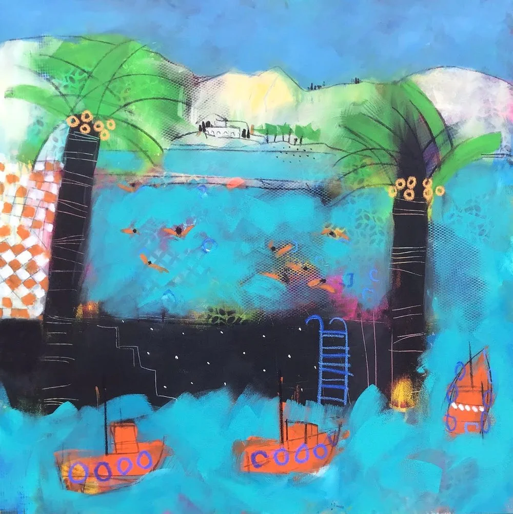 Abstract painting of a landscape with water, boats, mountains, and greenery, using bright colors and loose brush strokes.