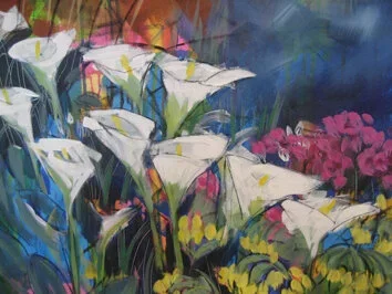 A colorful painting of white calla lilies with green stems and leaves, pink flowers in the background, and a blue abstract sky.