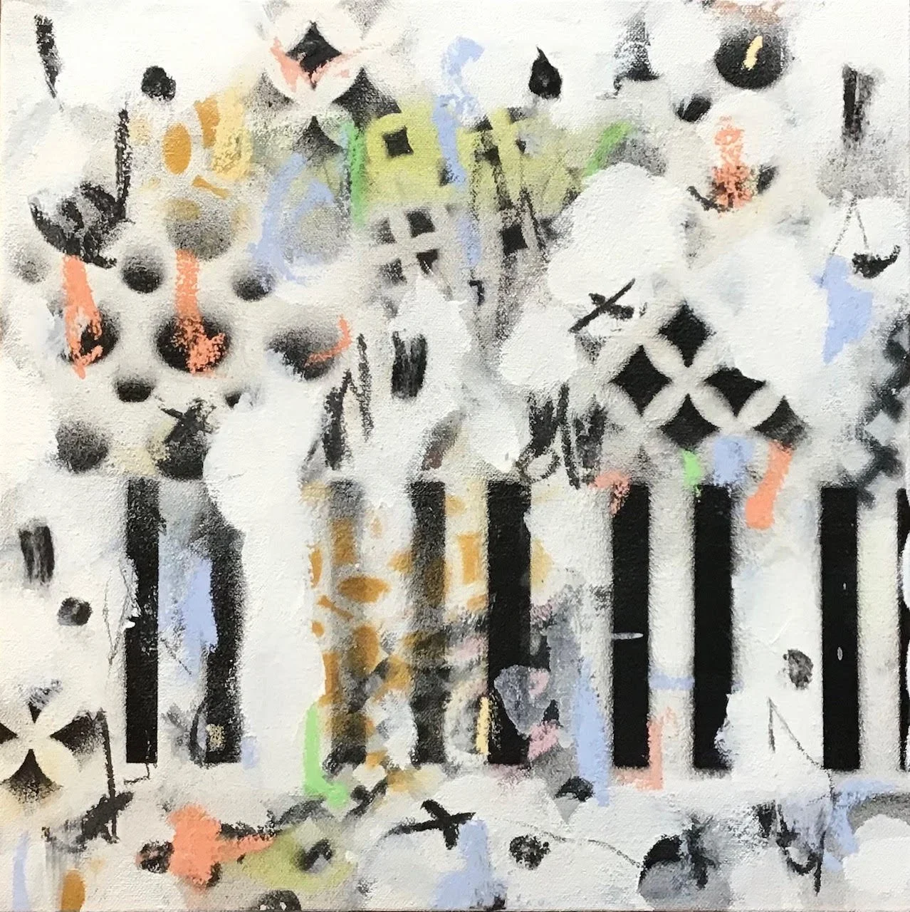 Abstract artwork depicting a stylized face with floral patterns, black and white stripes, and colorful accents in black, white, green, blue, pink, and orange.