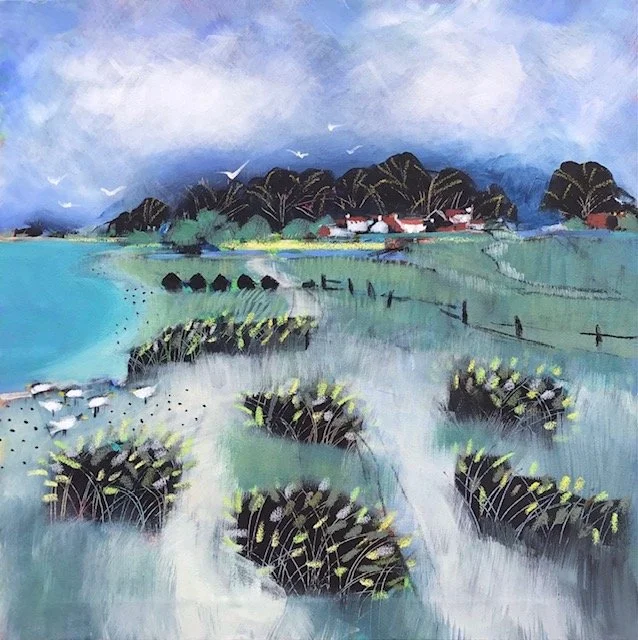 A landscape painting of a rural area with a mountain range in the background, a small village with red-roofed houses, green fields, and a fence in the foreground, with a few birds flying in the sky.
