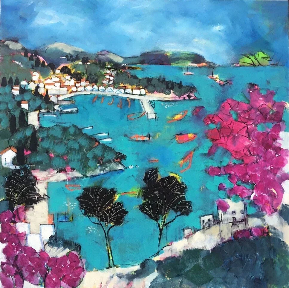 A colorful painting of a coastal village with boats in the water, pink and purple trees, and hilly landscape in the background.