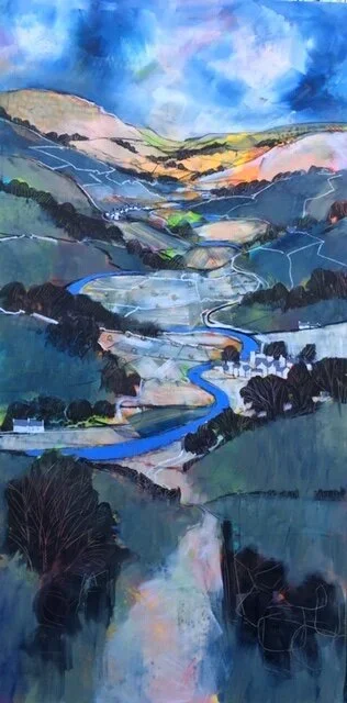 Colorful watercolor painting of a winding river flowing through rolling hills and countryside, with a dramatic blue sky above.