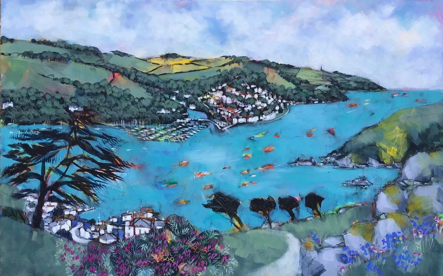 A colorful painting of a coastal village with houses, boats, and greenery surrounding a blue bay, viewed from a hillside.