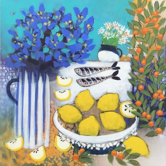 Still life painting of blue flowers in a striped vase, white daisies in a black-and-white pitcher, a branch with orange berries, lemon slices, and peeled lemons on a decorative bowl, all arranged on a table.