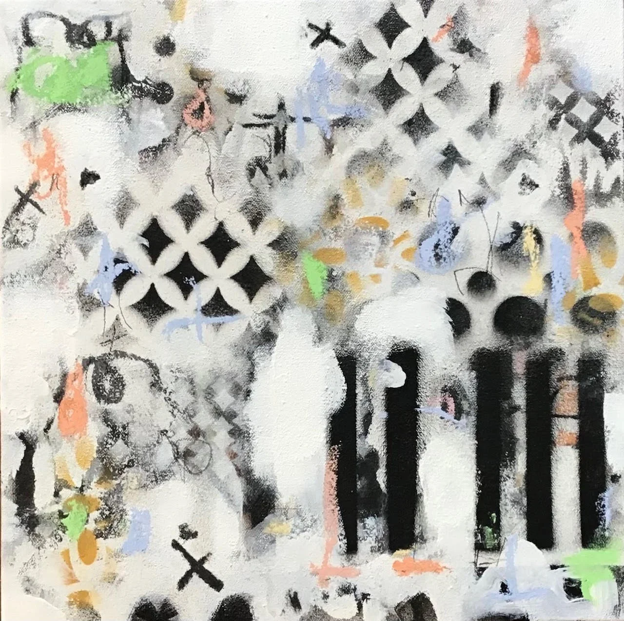 A black and white painting of a dog with a black trellis in the background, with colorful abstract splashes of green, orange, blue, and yellow.