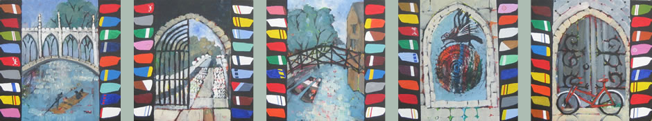 Series of watercolor paintings depicting various scenes including a bridge over a river, a gated pathway, a small wooden bridge over water, a peacock painting, and a bicycle leaning against a wall, each framed with colorful borders.