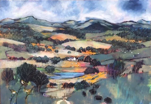 A watercolor painting of a scenic landscape with rolling hills, trees, a river, and a cloudy sky.