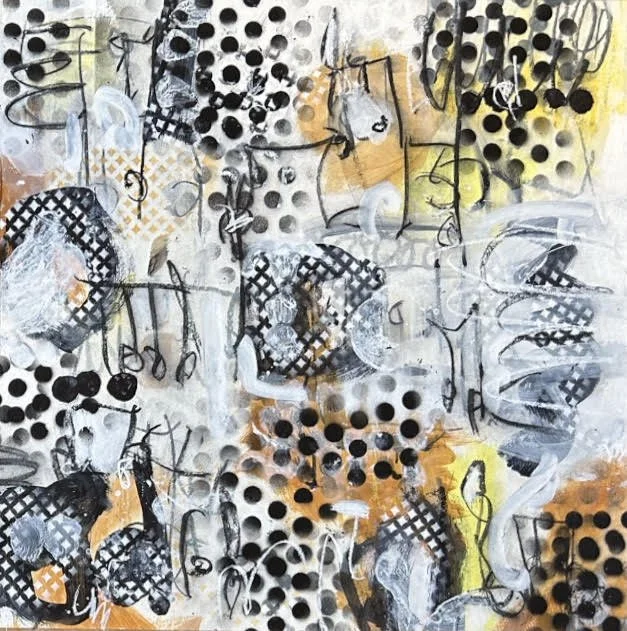 Abstract painting with black dots, black grid patterns, and scribbled black lines on a background of white, gray, and yellowish hues.