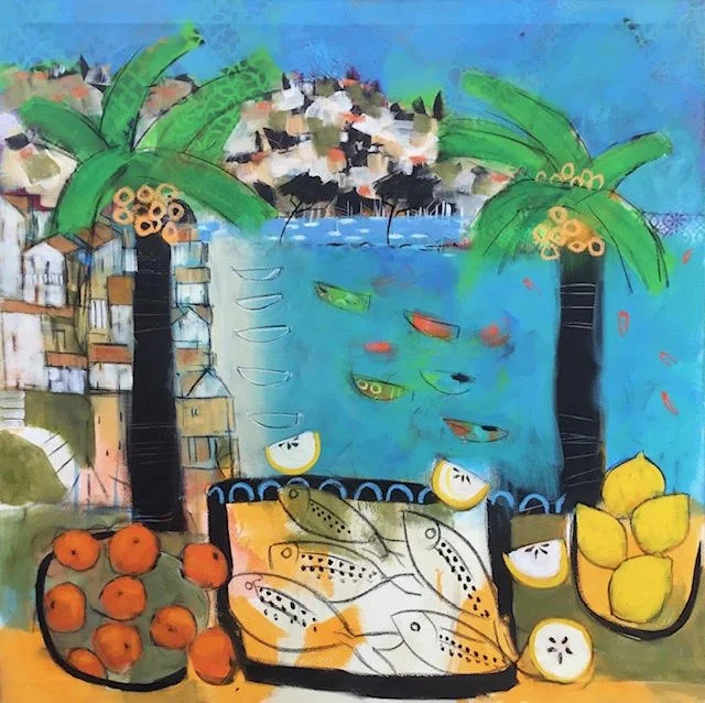 Colorful abstract painting of a tropical scene with palm trees, water, boats, and containers of oranges and lemons.