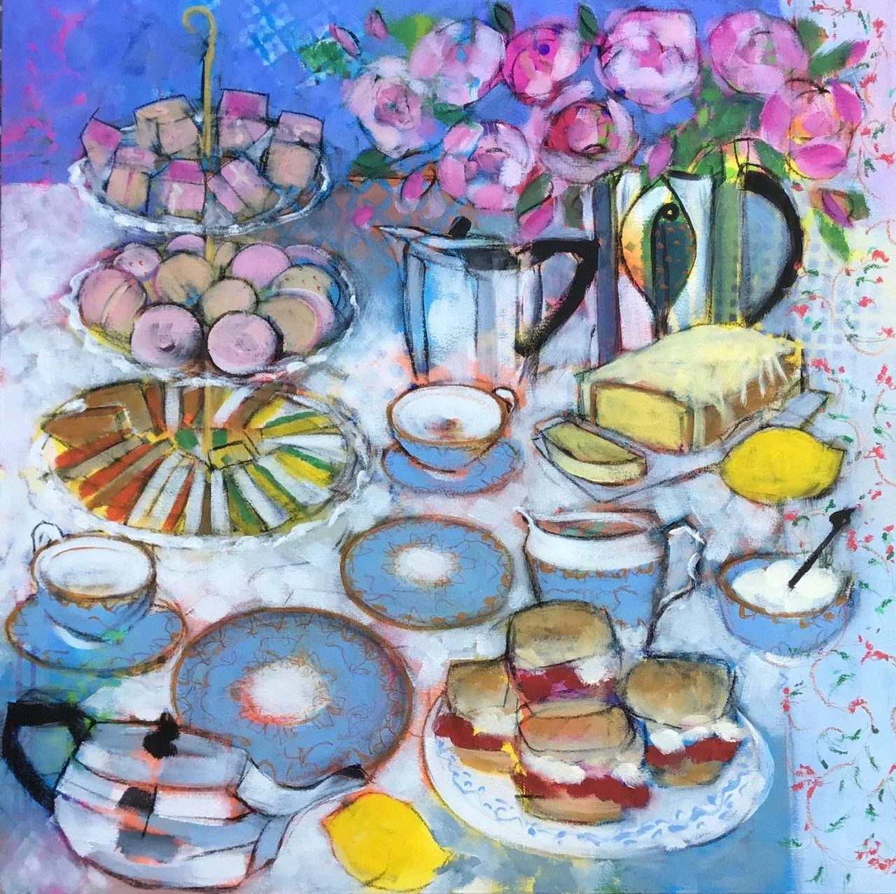 Colorful still life painting of a table set with various desserts including layered cakes, cookies, jelly beans, candies in bowls, and lemons, with flower vases in the background.