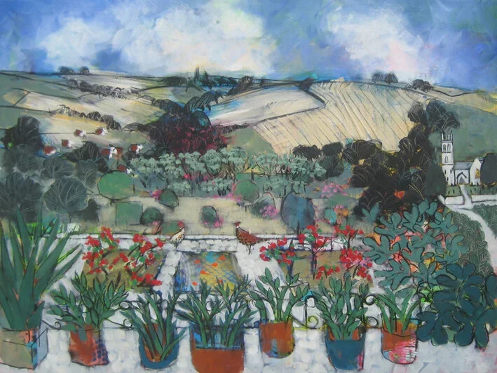 A colorful painted landscape of rolling hills, fields, and a small village with a church, viewed from a balcony with potted plants in the foreground.